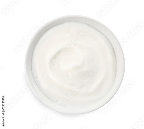 Bowl with delicious organic yogurt isolated on white, top view