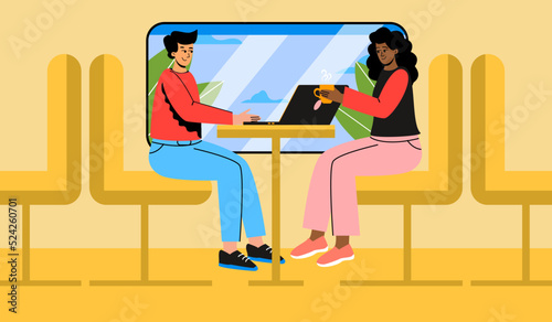 A young couple in a train carriage, commuter train.
