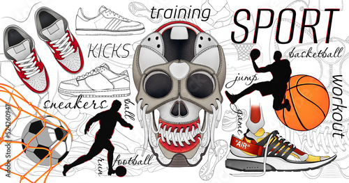 Skull and skeleton leather sneakers poster design. Sketch of hand drawn sports illustration. Drawing for advertising and creativity.