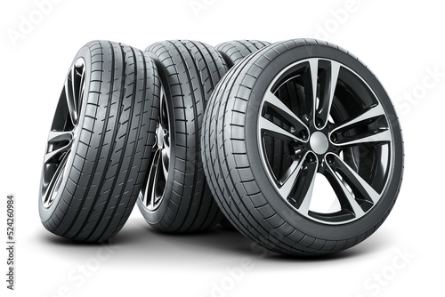 Set of four new car wheels with new tires.3D render