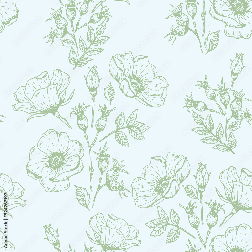 Vector Wild Roses Vintage Drawing seamless pattern background. Perfect for fabric, scrapbooking and wallpaper projects.