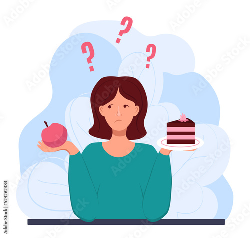 Sad girl chooses between an apple and a piece of cake. Healthy lifestyle, diet. Vector Illustration in a flat style