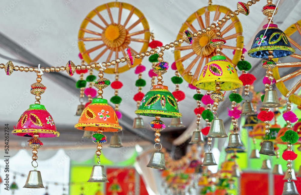 Colorful bells with national Indian ornaments for holidays, celebrations and festivals.