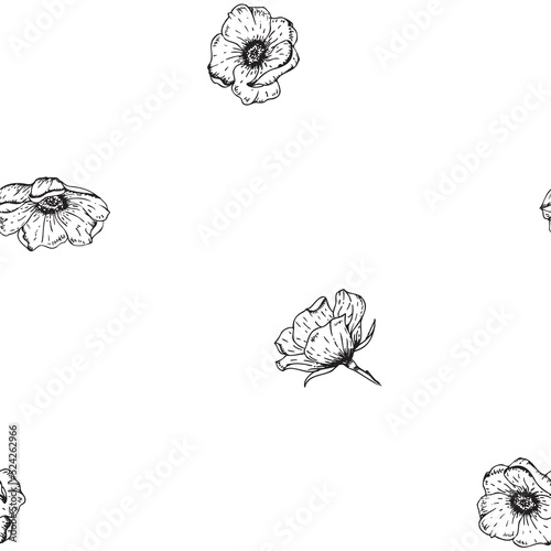 Vector Black and White Wild Roses Vintage Drawing seamless pattern background. Perfect for fabric, scrapbooking and wallpaper projects.