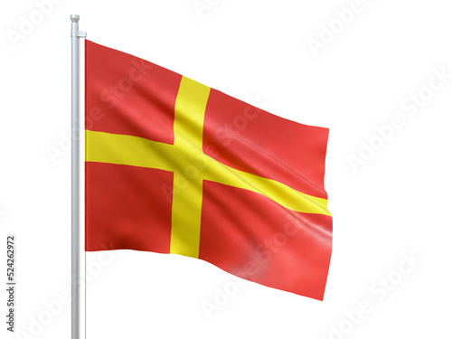 Skanska (county in Sweden) flag waving on white background, close up, isolated. 3D render