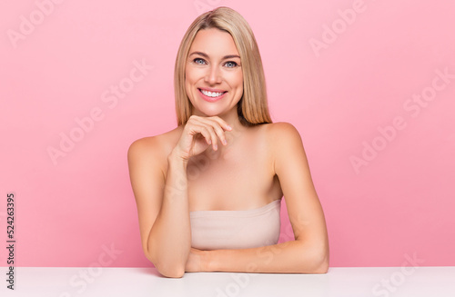 Photo of positive lady harmony her body enjoy daily spa salon detox therapy wear top isolated over pink color background