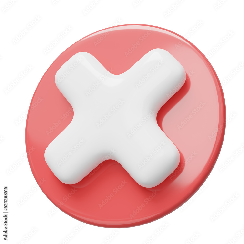 Obraz premium 3D Realistic cross check mark button icon. Red circle with white cancel tick floating on blue background. Symbol no, wrong, negative, decline, danger concept. Cartoon icon minimal style. 3d rendering.