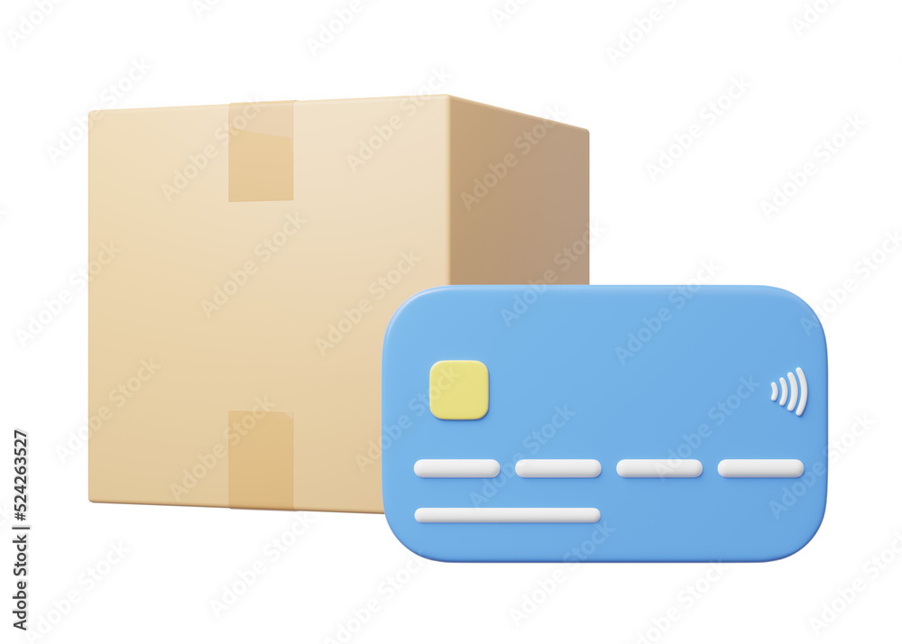 3d Credit card, brown box icon floating on blue background. Digital marketing online, E commerce, Fast delivery, store shopping app, Shipping concept. Business cartoon style concept. 3d icon render. 3d Credit card, brown box icon floating on blue background. Digital marketing online, E commerce, Fast delivery, store shopping app, Shipping concept. Business cartoon style concept. 3d icon render.