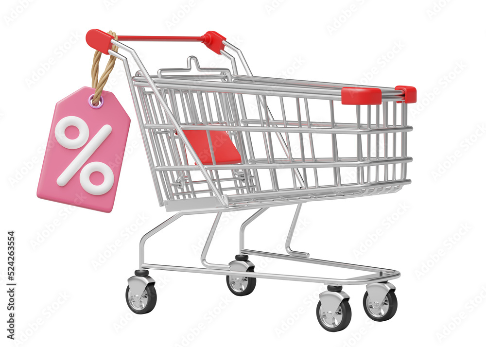 Shopping cart, special offer icon. 3D White Shop trolley with percent discount tag isolated on blue copy space background. Digital market online, Super sale concept. Business cartoon style. 3d render.