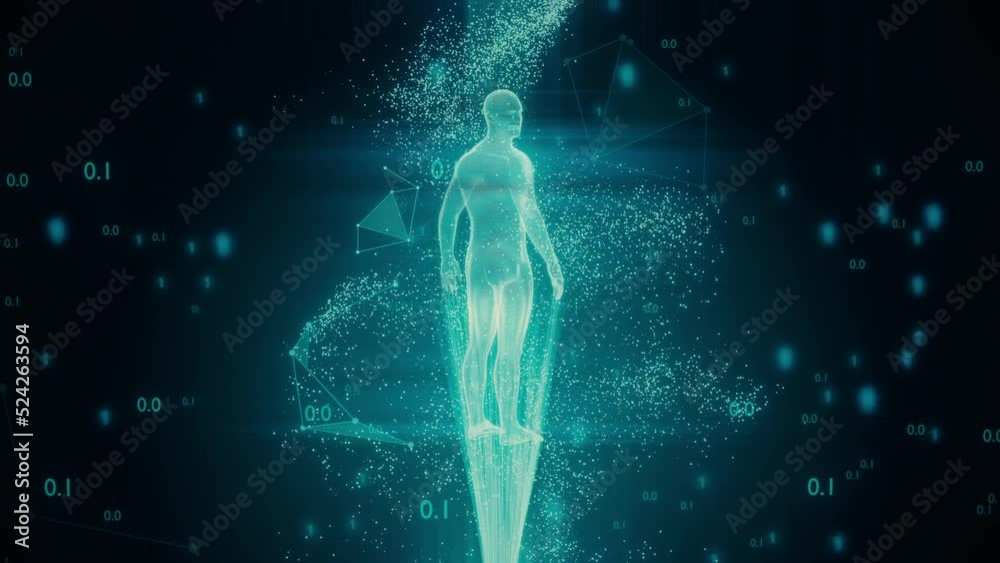 Digital human figure in a dark abstract cyber space with blue lights shining through his body. Concept hologram technology. Points, plexus, polygons, binary code connections. 4k loop render graphics Digital human figure in a dark abstract cyber space with blue lights shining through his body. Concept hologram technology. Points, plexus, polygons, binary code connections. 4k loop render graphics