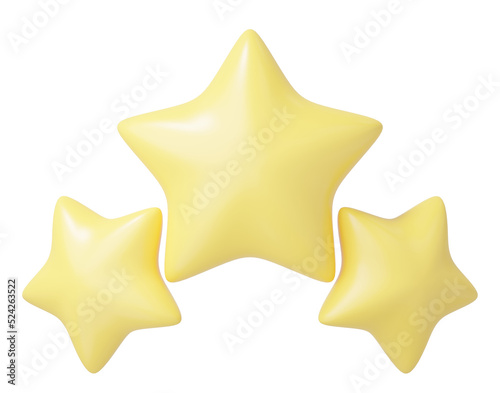 3D 3 lucky star icon. Three cute smooth yellow stars glossy isolated on blue background. New Achievements. Top ratings from feedback customer. Ui cartoon for game minimal style. 3d render illustration
