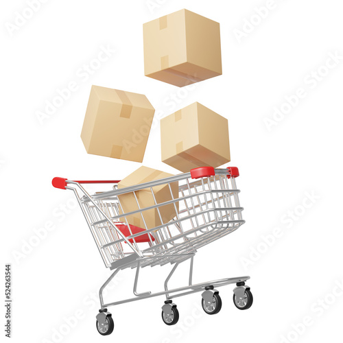 Brown box fell into shopping cart floating isolated on blue background. 3d Shop trolley realistic. Marketing online, E commerce, store app concept. Business cartoon style concept. 3d icon rendering.