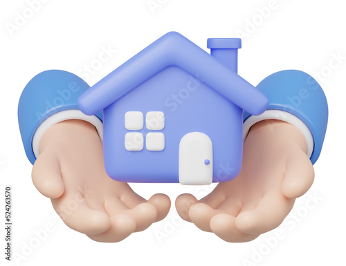 3D Toy House in hand floating isolated on blue background. Hand holding home icon. Investment, real estate, mortgage, offer of purchase house, loan concept. Mockup Cartoon minimal icon. 3d rendering.