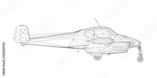 Airplane wireframe with propeller from black lines isolated on white background. Side view. 3D. Vector illustration.