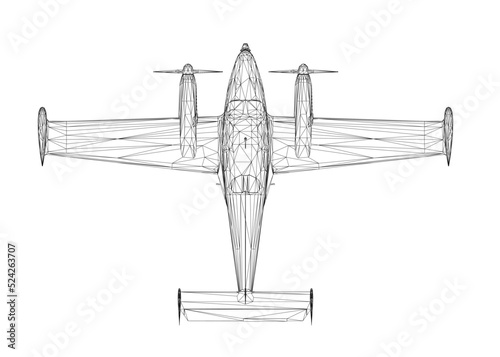 Airplane wireframe with propeller from black lines isolated on white background. View from above. 3D. Vector illustration.
