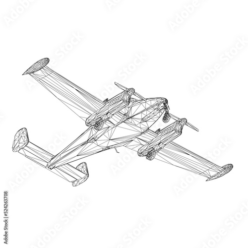 Airplane wireframe with propeller from black lines isolated on white background. Bottom view. 3D. Vector illustration.