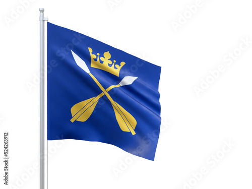 Dalarnas (county in Sweden) flag waving on white background, close up, isolated. 3D render