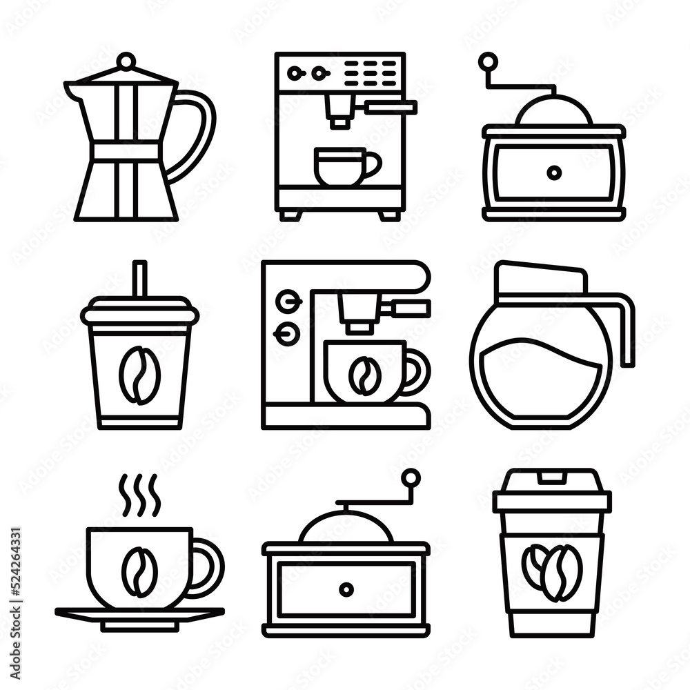 Coffee element icon set black outline vector Coffee element icon set black outline vector
