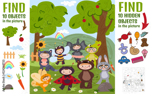 Find 10 hidden objects in the picture. Educational puzzle game for kids with funny children wearing carnival animal costumes. Funny cartoon characters in costume dress. Searching items flat concept.