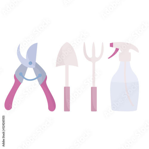 set of gardening tools with pruner, shovel, rake and spray