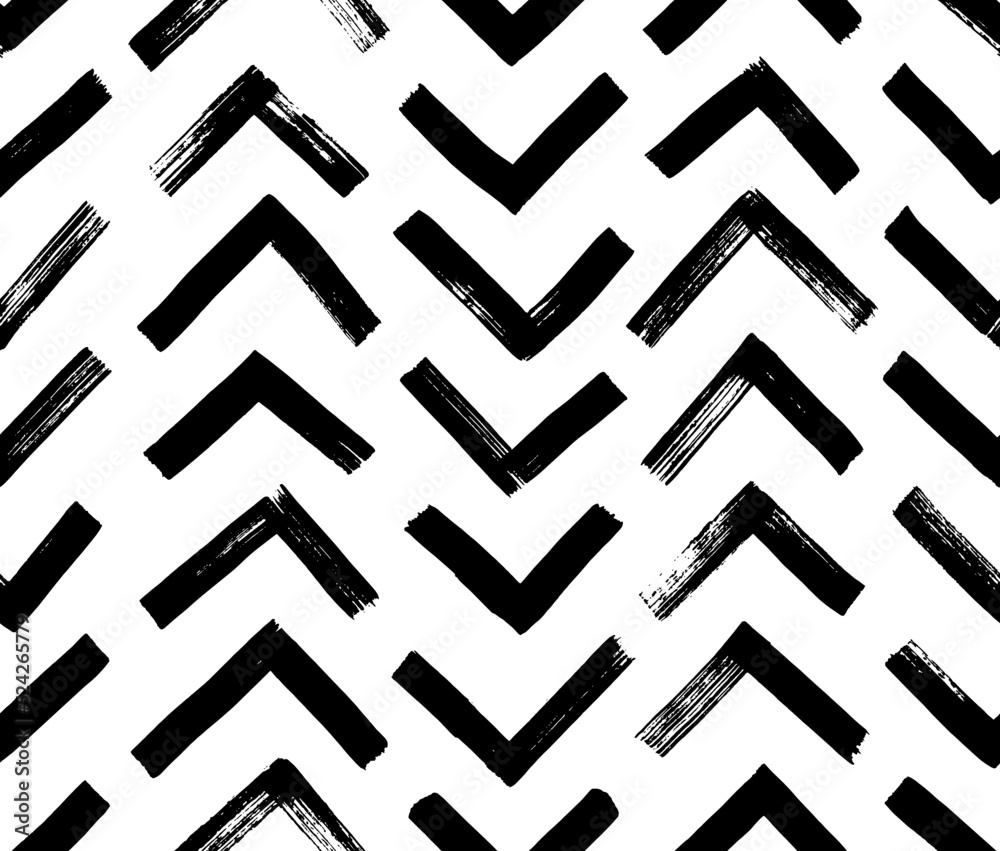 Herringbone vector seamless pattern. Chevron pattern with black brush strokes. Geometric ornament with zig zag and triangular lines. Textured grunge geometric background for wallpaper, fabric print Herringbone vector seamless pattern. Chevron pattern with black brush strokes. Geometric ornament with zig zag and triangular lines. Textured grunge geometric background for wallpaper, fabric print
