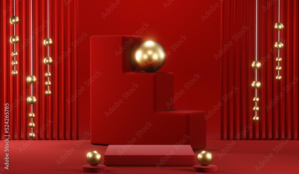 3D rendering of blank product background for cream cosmetics Modern red podium background