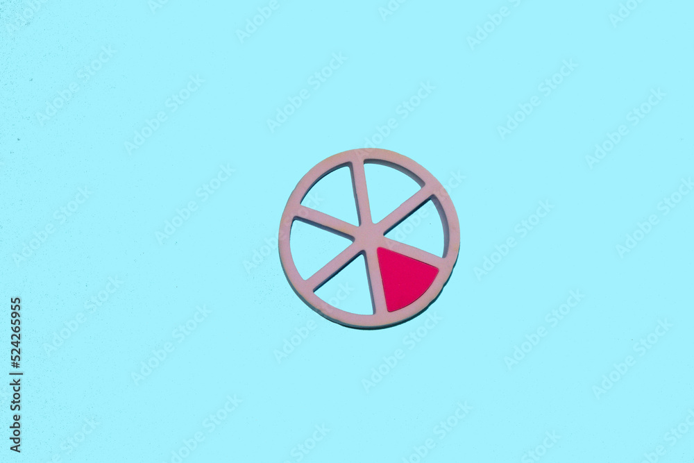 circle divided into six parts, one filled, one of six, creative art business design on blue background circle divided into six parts, one filled, one of six, creative art business design on blue background