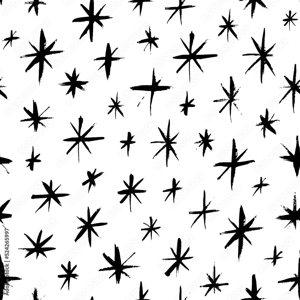 Seamless pattern with small snowflakes or stars. Christmas or New Year decoration. Hand drawn vector ornament with stylised snowflakes. Repeated texture for surface, wrapping paper, banners