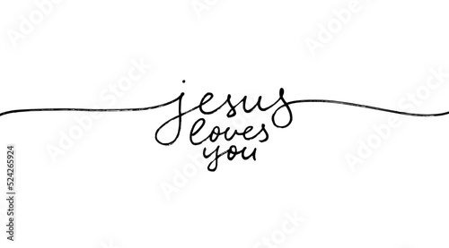 Jesus loves you line calligraphy with swashes. Vector inspirational quote. You are important to God. Christian and religious phrase. Hand drawn modern vector pen calligraphy text. Christianity quote