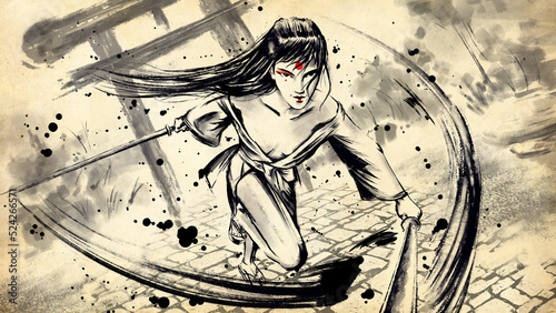 A beautiful girl in a kimono with Japanese makeup on her face makes a wave of katana in both hands. Her movements are quick and she has a slight smile on her face