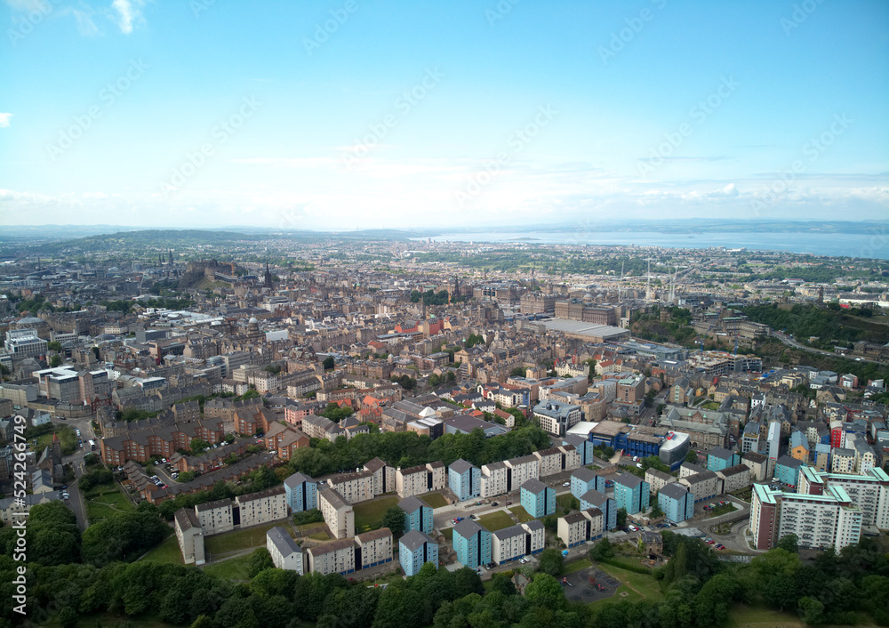 Fototapeta premium Aerial drone sunrise view of suburban houses in Edinburgh, Scotland, UK
