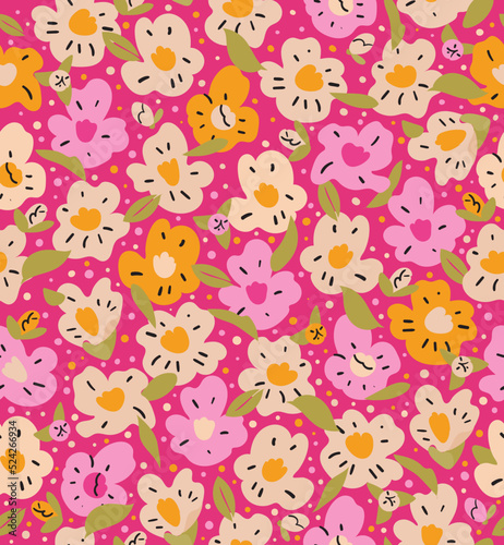 Colorful Camellia Seamless vector pattern. Floral ditsy background illustration with simple flowers cute repeated