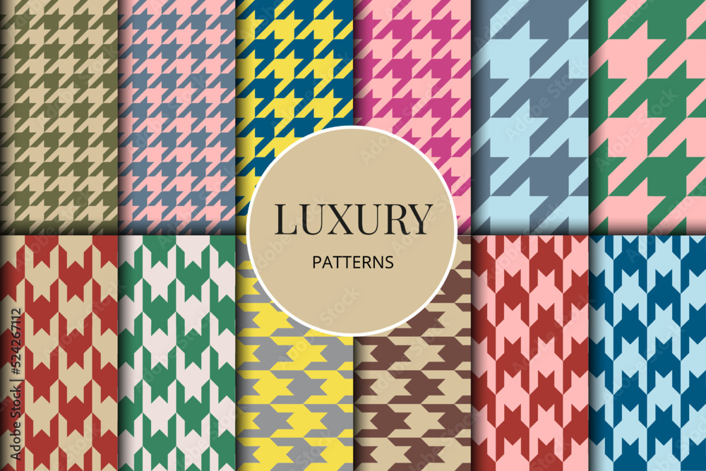 Obraz premium Houndstooth seamless patterns set. Fabric background. Classical checkered textile collection