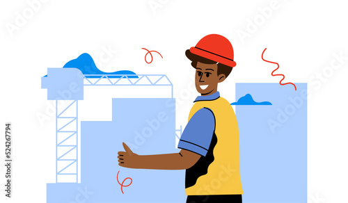 A male builder on the background of a construction site. A worker in a helmet, illustrations construction