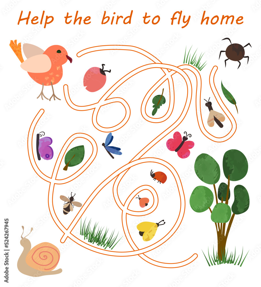 Obraz premium Maze game for preschool children. Help the bird to fly home labyrinth for kids with cute bright insects and bird in flat cartoon style. Vector illustration isolated on white background