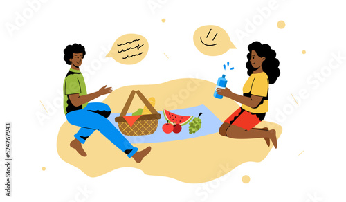 a couple communicates at a picnic. Communication on the exchange, a picnic. Family leisure