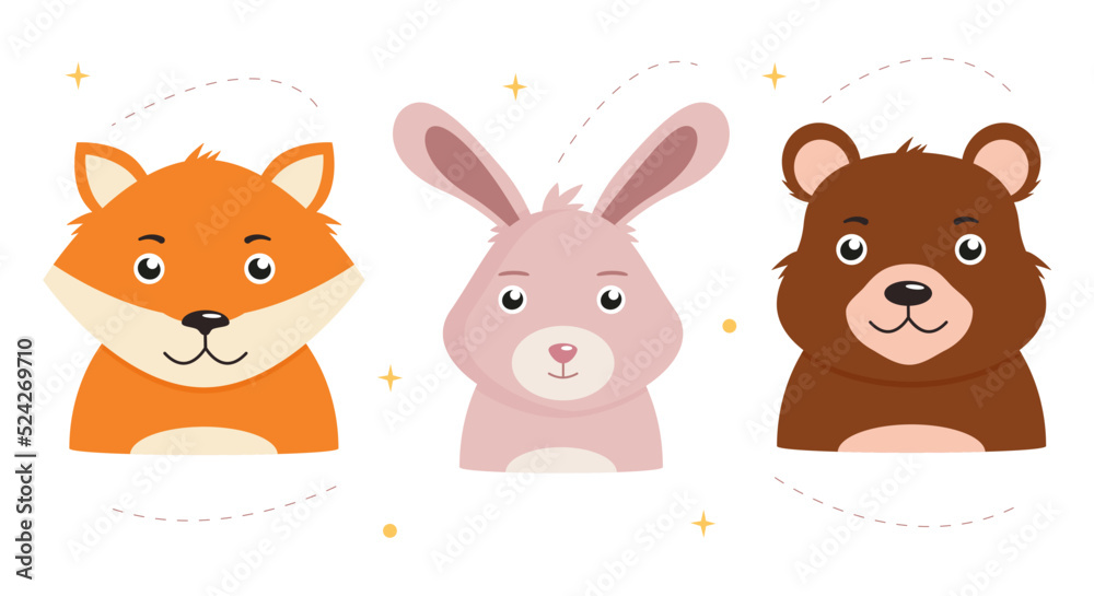 Set of cute cartoon animals isolated on white background. Bear, fox and hare. Vector illustration Set of cute cartoon animals isolated on white background. Bear, fox and hare. Vector illustration