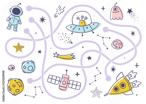 Mini space labyrinth game for children. Cosmic doodle maze with astronaut for kids.
