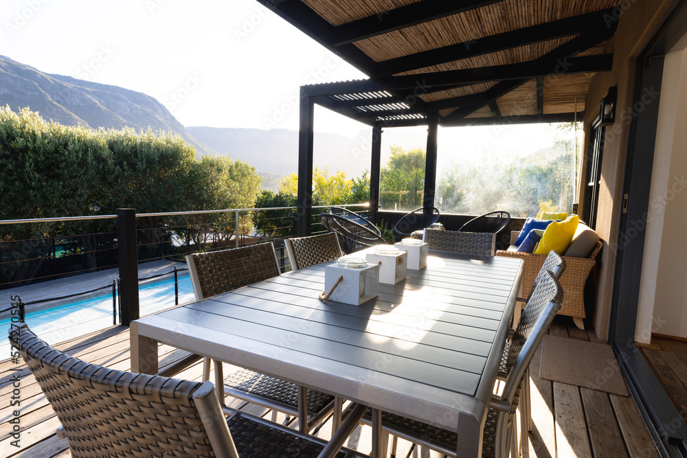 Fototapeta premium General view of luxury interior of terrace with table and chairs