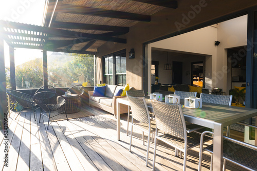 General view of luxury interior of terrace with table and chairs