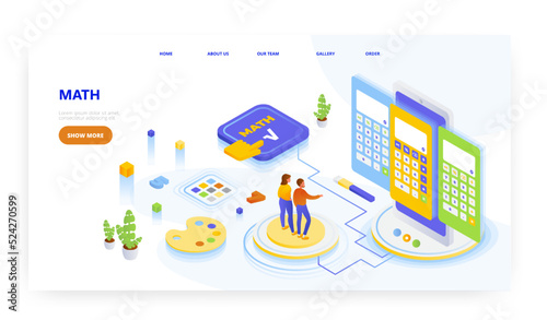 Math calculator app mobile ui design, landing page design, website banner vector template.