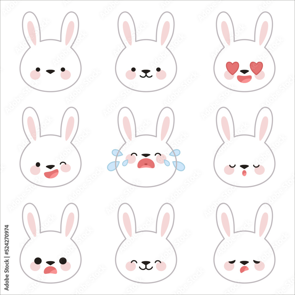 Set of cute rabbit faces with different emotions in kawaii style on a white isolated background.