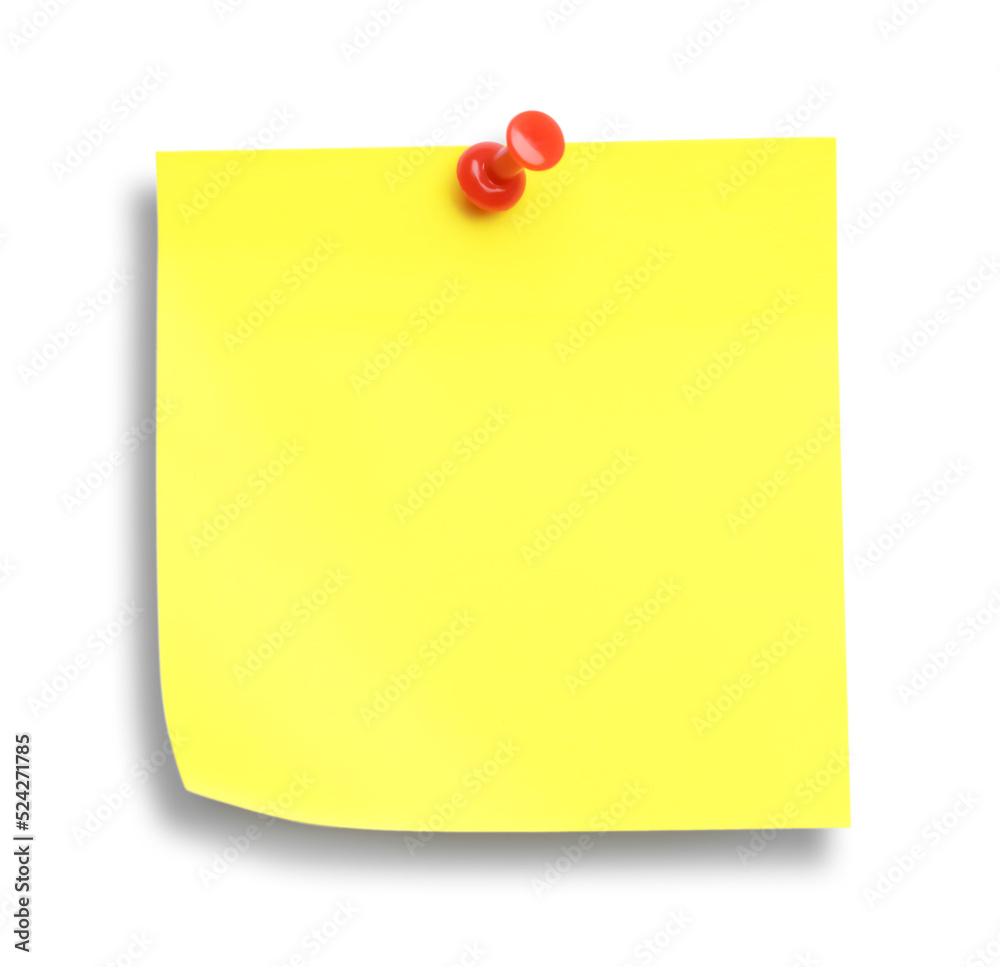 Blank yellow note pinned on white background, top view Blank yellow note pinned on white background, top view