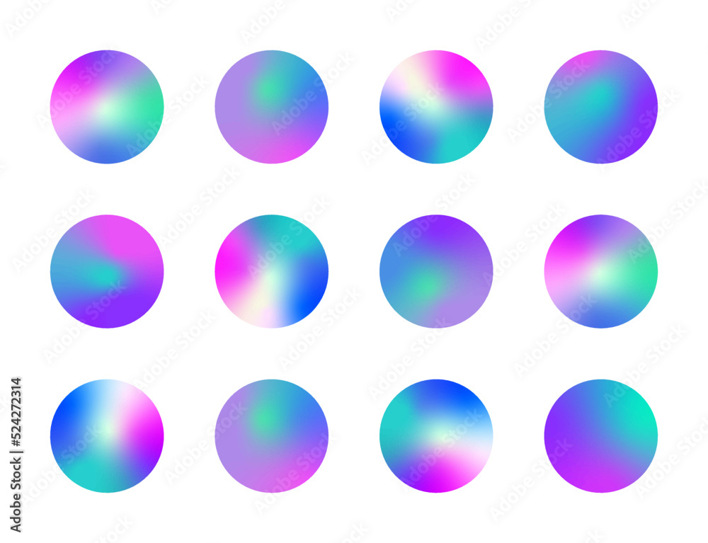 Holographic effect highlight stories, cover templates design set. Blurry abstract backdrops. Y2k retro style round vector illustrations with rainbow gradient for social networks.