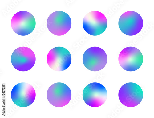 Holographic effect highlight stories, cover templates design set. Blurry abstract backdrops. Y2k retro style round vector illustrations with rainbow gradient for social networks.