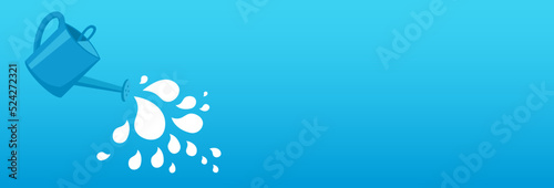 Long banner with a watering can and which pours water and pours. Blue background.