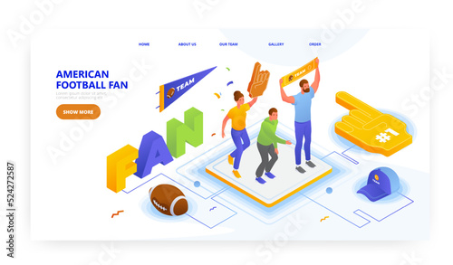 American football fan, landing page design, website banner vector template. People cheering for favorite sport team.