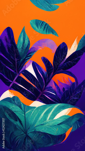 Abstract tropical jungle in purple, orange, and blue colors. Procreate illustration. Tropic leaves wallpaper.