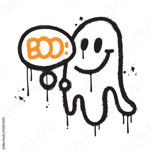 Hand drawn ghost with word - boo - in bubble. textuted urnab graffiti elements for halloween print design, poster, banner, cover, invitation, sticker, t-shirt. Sprayed vector illustration.