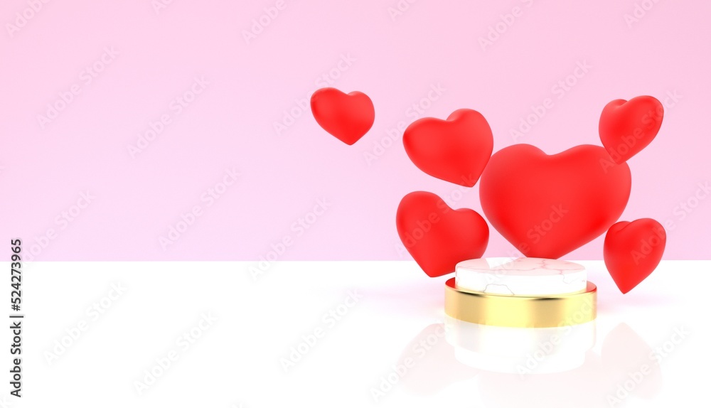 3D render of podium to display product. Cosmetic product display podium with hearts background. High resolution pink podium render for display product